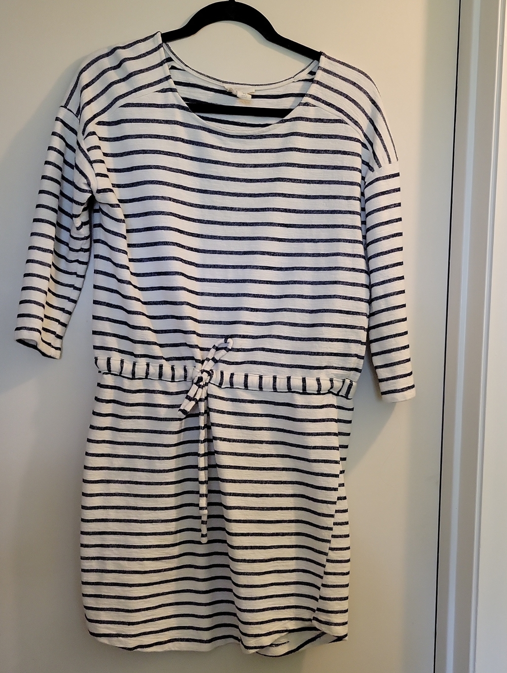 LOFT White and Navy Striped Knit Tie-Waist Top